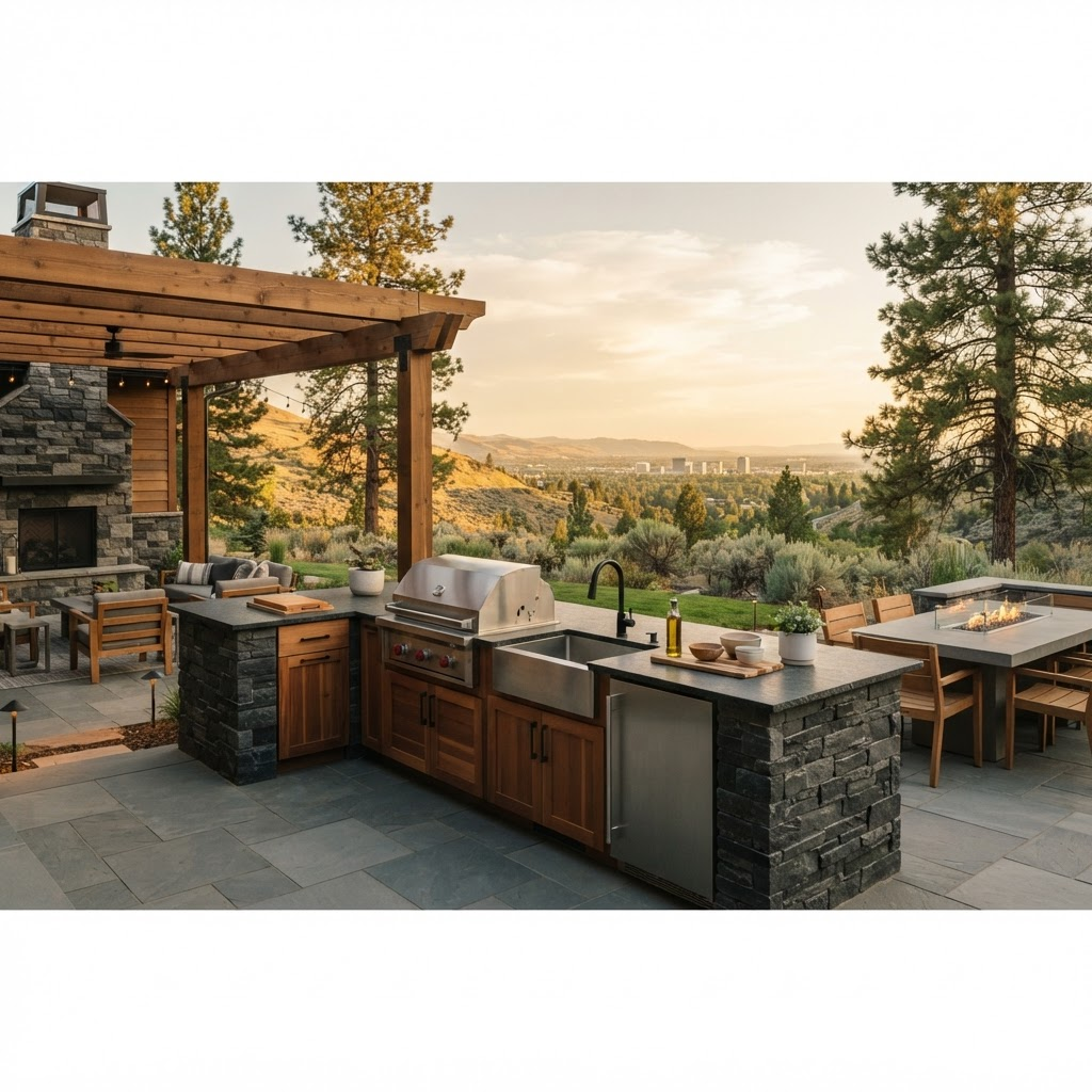 Modern outdoor kitchen with cedar cabinetry and mountain view